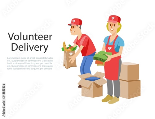 Volunteers dellivery of food in cardboard donation box, products for help to poor or ill pandemic people in quarantine, support social care, volunteering and charity vector illustration. Voluntary.