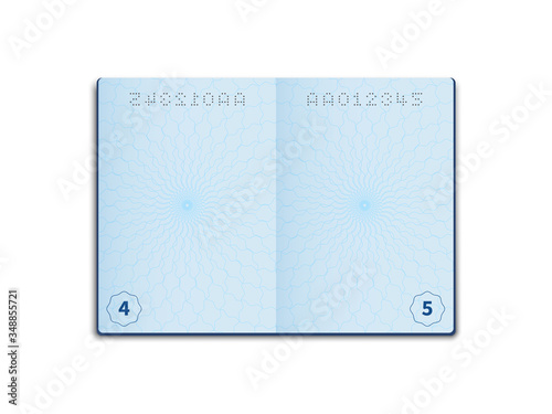 Blank passport. Opened document layout, page sheet with watermark. Empty foreign passport pages, identity card, vector template