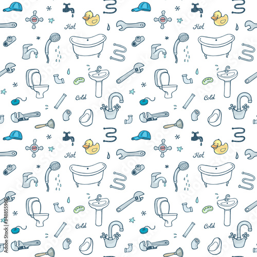 Hand drawn funny plumbing seamless pattern.