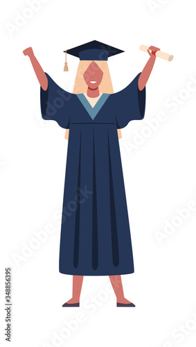 Graduated student. Vector girl wearing graduation robe with education certificate or diploma
