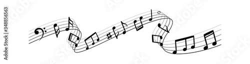 Music notes silhouettes. Musical swirl flowing waves vector abstract illustration