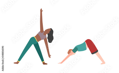 People doing fitness or yoga. Woman and man do exercises flat vector illustraton