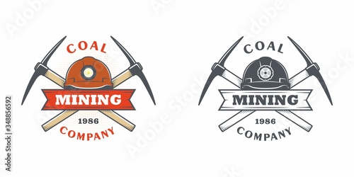 Set of color illustrations of a helmet, crossed pickaxes and a ribbon with text on a white background. A vector illustration advertises a coal and gold mining company. Mining company logo.