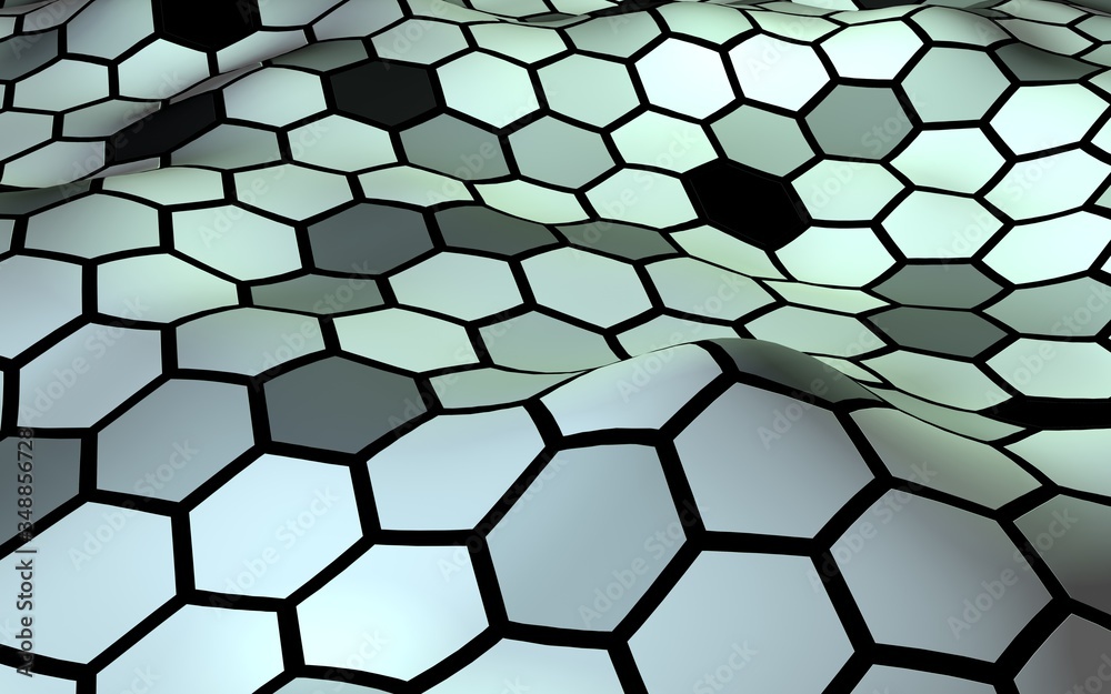 Honeycomb with a gradient color. Perspective view on polygon look like honeycomb. Wavy surface. Isometric geometry. 3D illustration