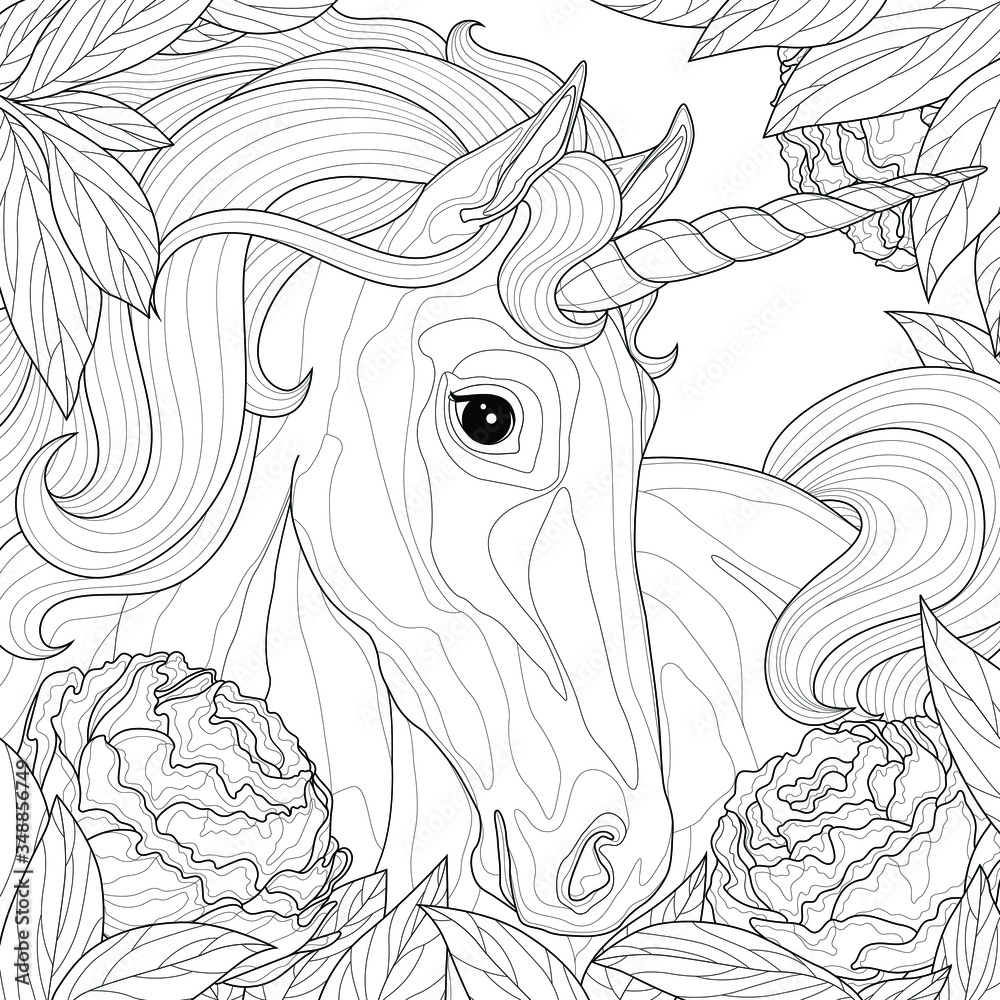 Fototapeta premium Unicorn among peony.Coloring book antistress for children and adults. Illustration isolated on white background.Zen-tangle style.Black and white drawing