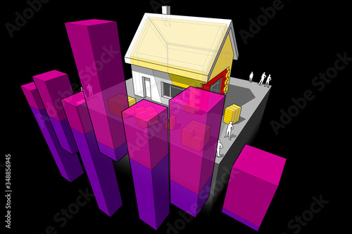 diagram of a detached house with additional wall and roof insulation with abstract business diagram