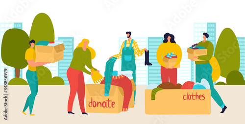 Volunteers donate people with cloths and things boxes, social help, charity, care for homeless and support flat vector illustration. Volunteering, voluntary workers with donation boxes on cityscape.