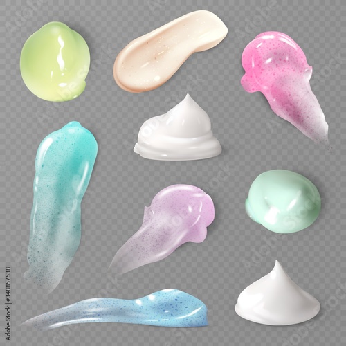 Scrub smears. Realistic cosmetic smears cream and peeling, milk. Lotion, scrub and foundation drop texture, hygiene product vector template