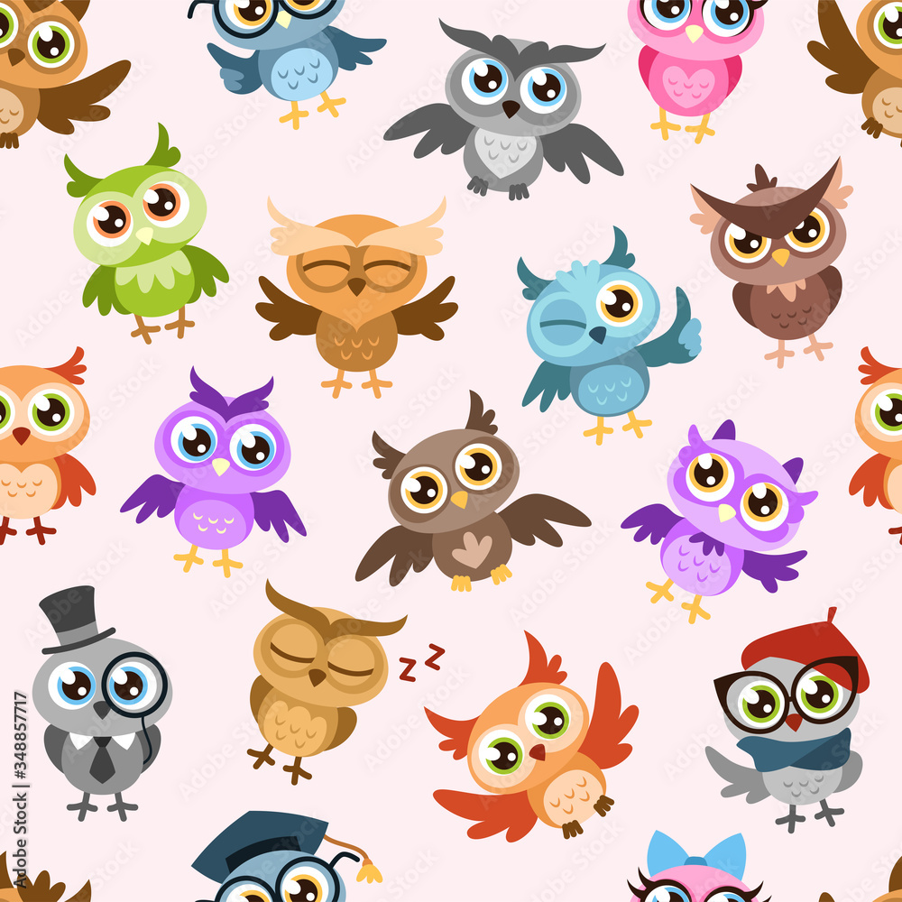 Owls seamless pattern. Colorful cute wise owl, joyful forest birds cuteness childish wallpaper print, textile cartoon vector texture Owls seamless pattern. Colorful cute wise owl, joyful forest birds cuteness childish wallpaper print, textile cartoon vector texture