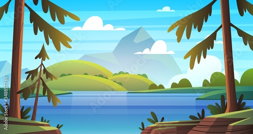 Summer sea landscape. Ocean seashore panorama, bay with vegetation and pine-trees, summer nature cartoon vector background
