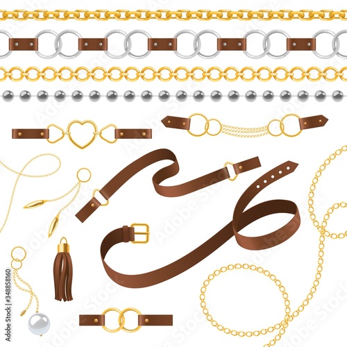 Belt elements. Braid, pendants chain and bracelet, leather straps and metallic buckle, jewelry design trending accessories vector set