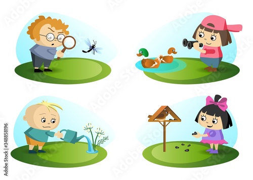 Children study nature by observing it and helping to take care of the environment. Graphic design. Vector illustration.
