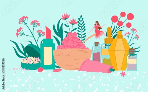 Organic cosmetics with plants, flowers, beautiful woman, skincare beauty products in bottles for ladies, flat vector illustration. Natural organic cosmetics and herbal treatment for beauty shops.