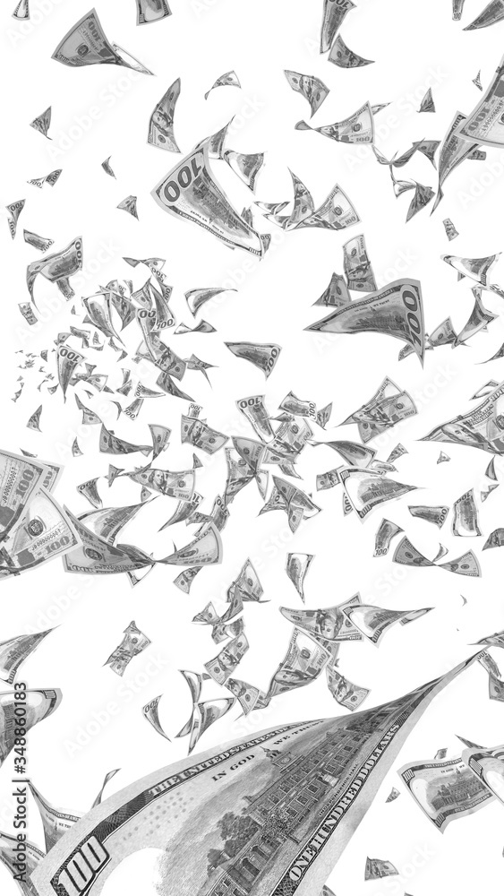 Fototapeta premium Flying dollars banknotes isolated on white background. Money is flying in the air. 100 US banknotes new sample. Black and white style. 3D illustration