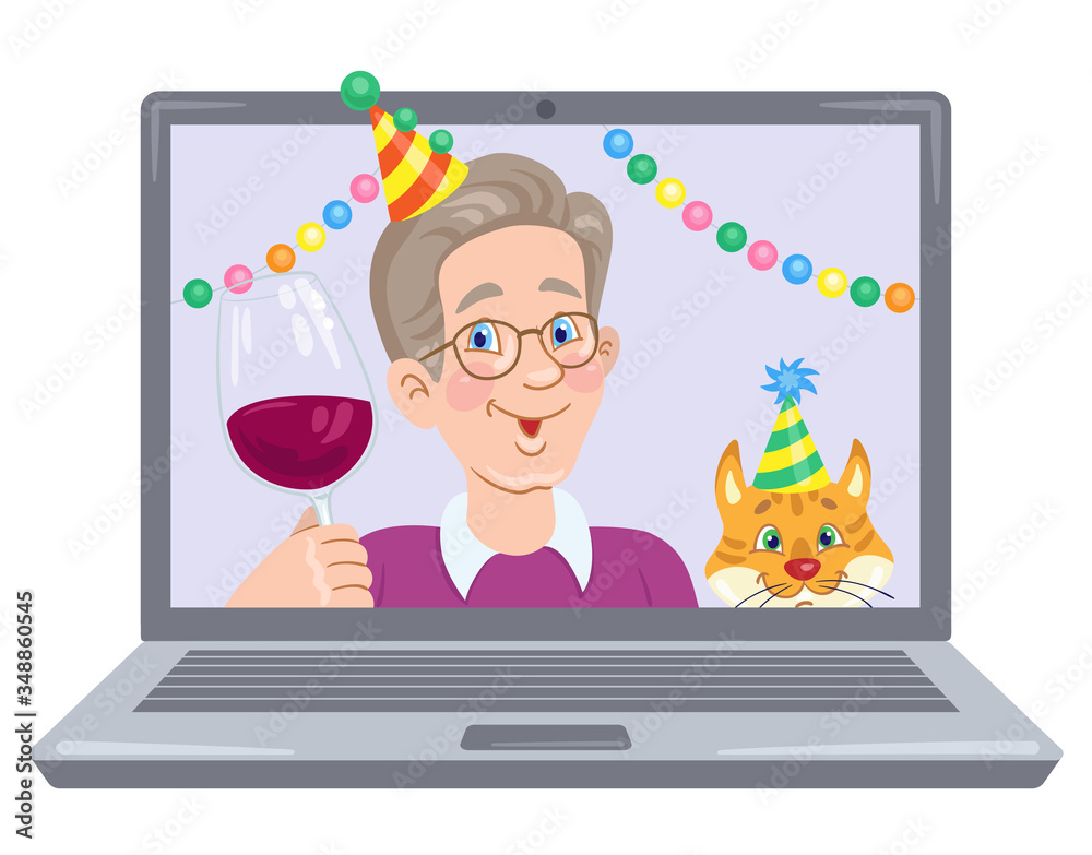 Happy birthday! Funny young man with a glass of red wine in hand on a  laptop screen. Video chat online. Internet communication during quarantine.  In cartoon style. Vector flat illustration. Stock Vector |