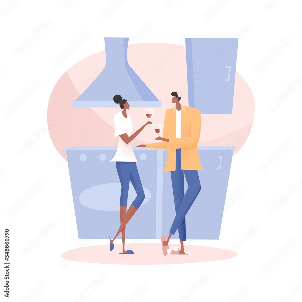 Man and a woman spend time together at home. Young happy couple stay home on quarantine. Corona virus self-isolation illustration. Isolation period at home Man and a woman spend time together at home. Young happy couple stay home on quarantine. Corona virus self-isolation illustration. Isolation period at home