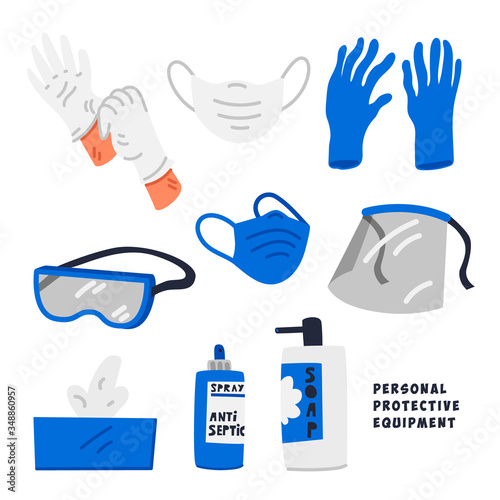 PPE - Personal Protective Equipment. Products and supplies used to protect safety and health of medical staff in conditions of coronavirus pandemic. Flat style vector illustration on white background.