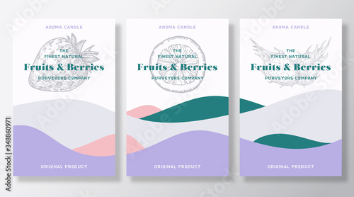 Aroma candle vector labels template set. Citrus and berries scent from local purveyors advert design. Sketch background layouts with abstract waves decor. Natural smell product package text space