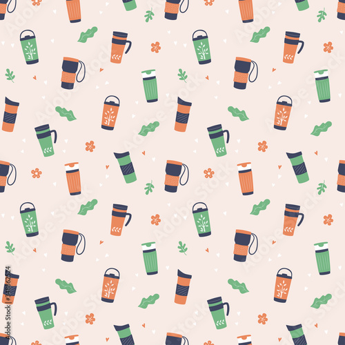 Tumblers with cover, travel thermo mugs, reusable cups for hot coffee and tea. Hand drawn seamless pattern. Vector illustration in flat and cartoon style