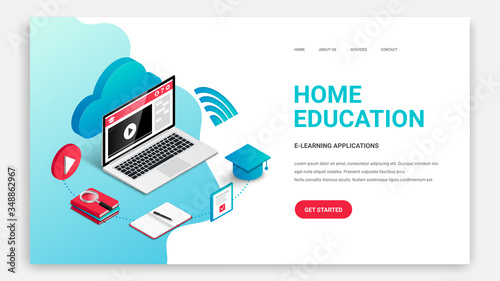 Home education, Learn Online, isometric landing page web design template. 3d laptop and education process concept. Distance training course, video webinar, online school vector illustration