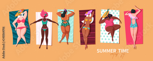 Set of youn wamen lying on the sand beach on towels sunbathing and relaxing. Various pretty girls african and plus size in bikini and swimsuit. Summer time party with flat female characters