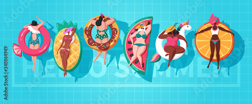 Set of girls sunbathe in pool with various swimming inflatable rings top view. Handsome hot young woman float rubber ring like unicorn, donut, orange or watermelon in water. Hello summer time poster