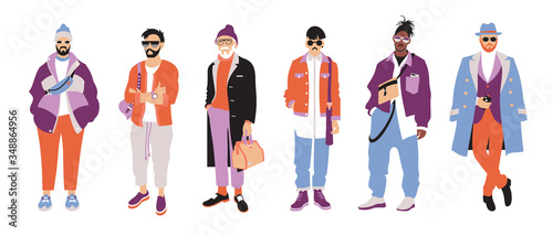Set of handsome fashionable guys, boys, hipsters and older men in casual or sportswear. Lifestyle collection of male models and flat vector characters various race, ethnicity and various age