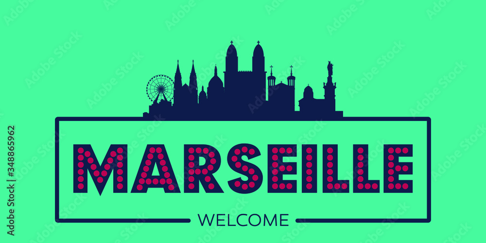 Marseille skyline silhouette flat design typographic vector illustration.