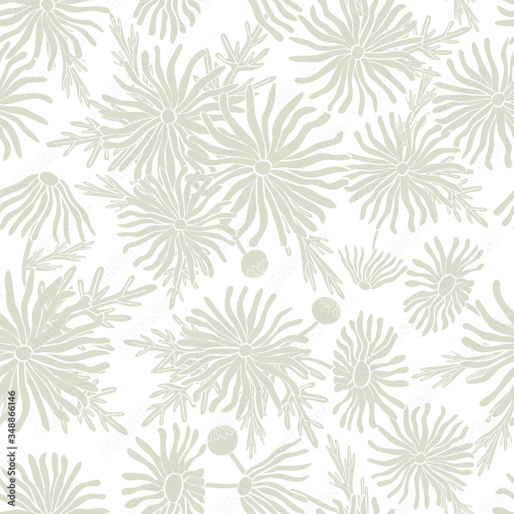 Vector Flowers Daisy Silhouettes in Green Scattered on White Background Seamless Repeat Pattern. Background for textiles, cards, manufacturing, wallpapers, print, gift wrap and scrapbooking.