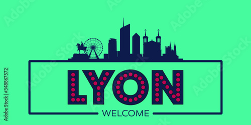 Lyon skyline silhouette flat design typographic vector illustration.
