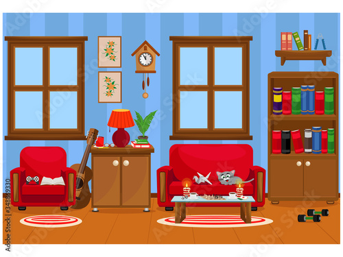 Interior of a room for business and leisure activities. Stay home. Set for sports, recreation, games and self-development.