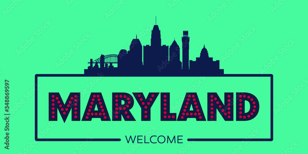Maryland skyline silhouette flat design typographic vector illustration.