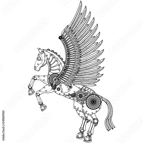 Steampunk horse coloring on a white isolated background.