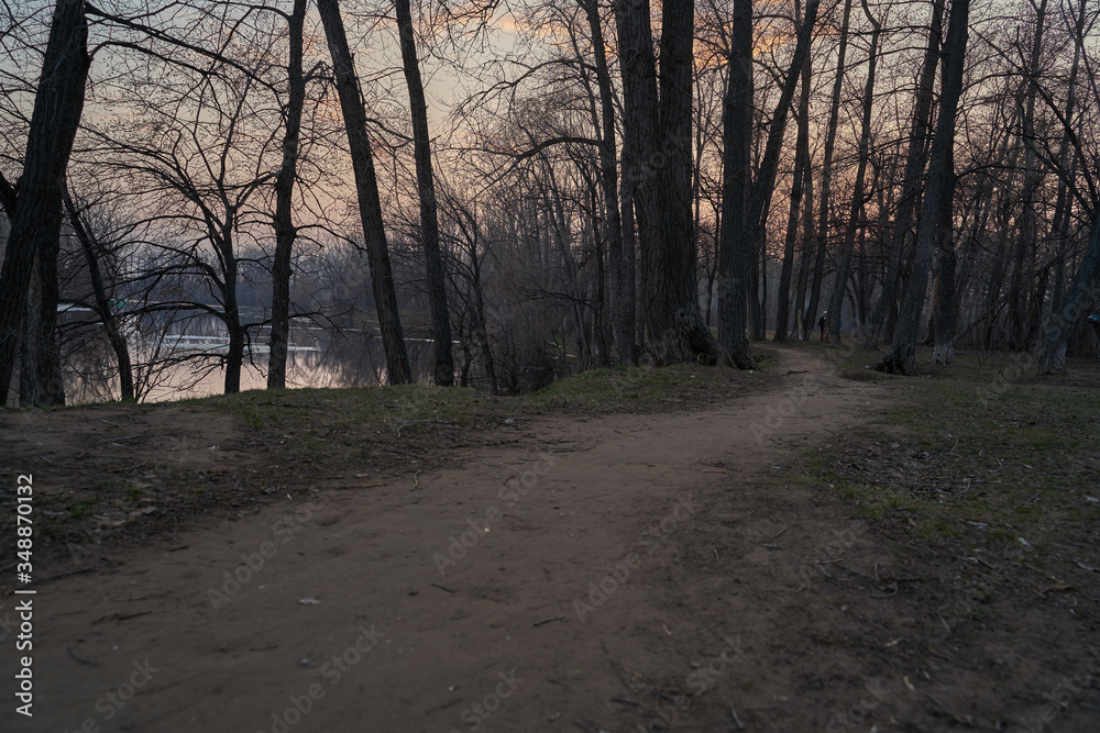    Early spring. Morning dawn over the lake in a misty, thoughtful haze. Beautiful view of the forest covered with fog early in the morning. The sun's rays of light.       