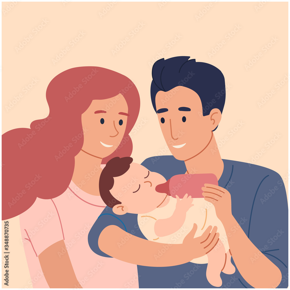 Mom and Dad feed their son from a bottle. Loving couple, honeymooners with a baby in her arms. Vector illustration in a flat style isolated on a beige background. Family,love,motherhood and fatherhood Mom and Dad feed their son from a bottle. Loving couple, honeymooners with a baby in her arms. Vector illustration in a flat style isolated on a beige background. Family,love,motherhood and fatherhood