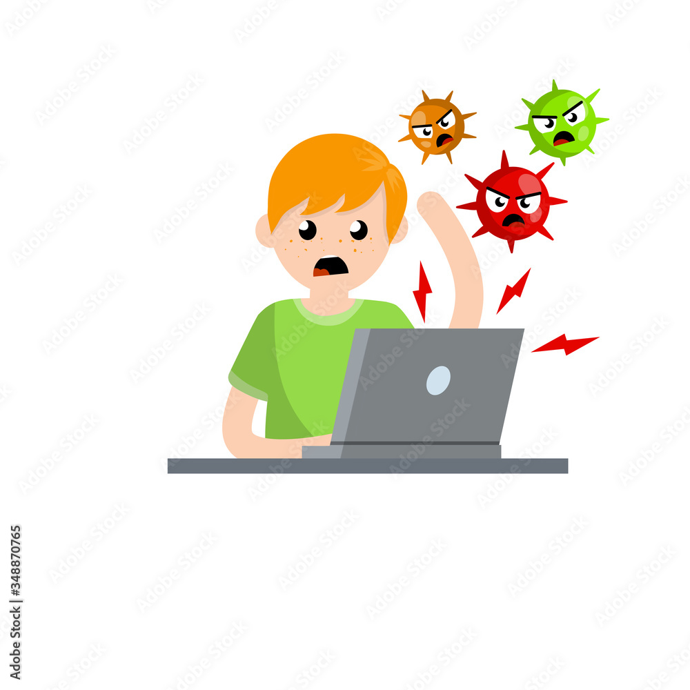 Man at laptop with virus. problem with computer. Online threat. Young angry guy. Account hacking. Cartoon flat illustration. Hacker attack Man at laptop with virus. problem with computer. Online threat. Young angry guy. Account hacking. Cartoon flat illustration. Hacker attack