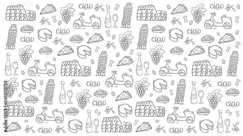 Cartoon cute hand drawn Italian travel background. Vector illustration.