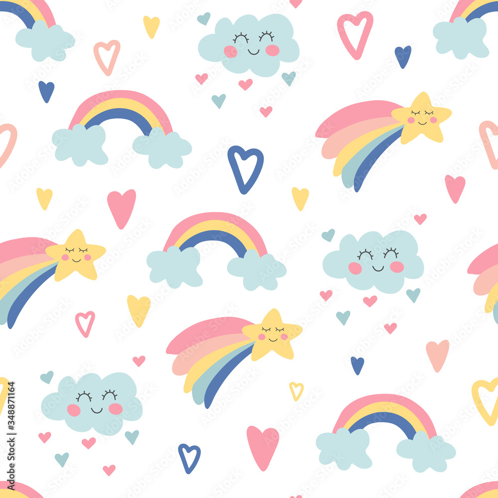 Fototapeta premium Hand drawn seamless pattern with rainbows, clouds, bright stars and hearts. Cute kids nursery. Sky background. Baby shower. Doodle design for wallpaper, fabric, wrapping, apparel. Vector illustration