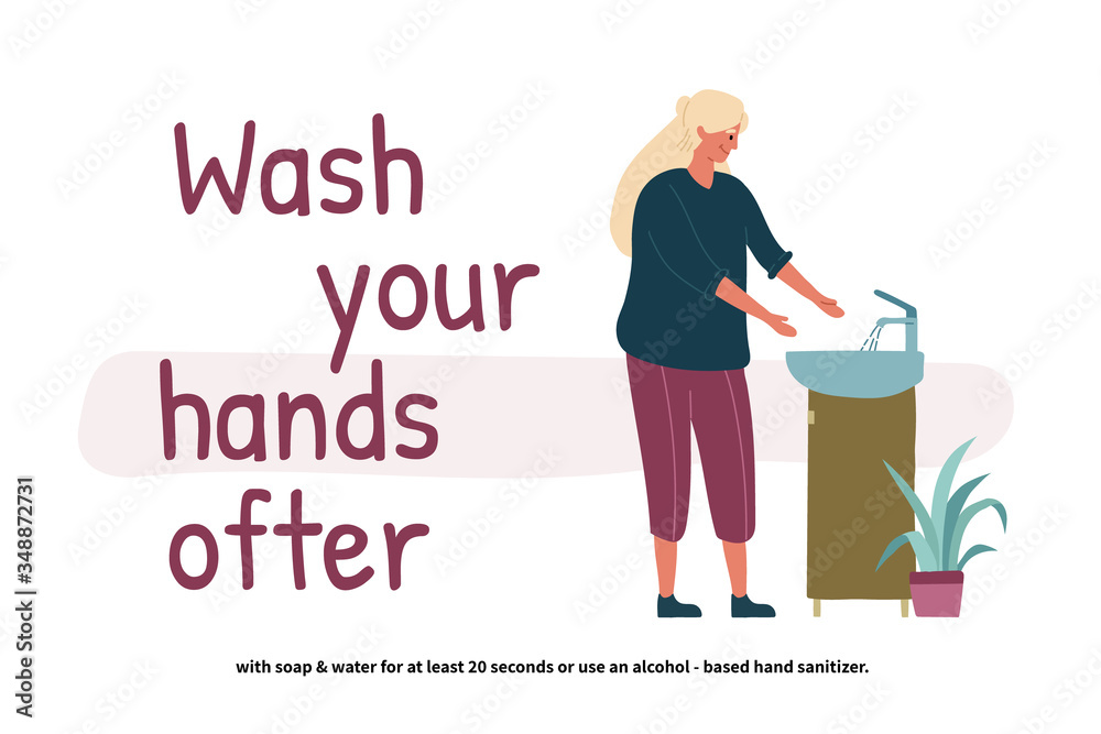 Woman washing hands. Perspective young girl standing at the wash basin. Clean hands. Daily Personal Care. Covid-19 prevention. Vector illustration in flat cartoon style.