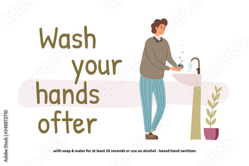 Man washing hands. Perspective young boy standing at the wash basin. Clean hands. Daily Personal Care. Covid-19 prevention. Vector illustration in flat cartoon style.