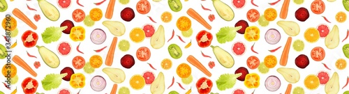 Fototapeta Naklejka Na Ścianę i Meble -  Seamless texture. Pattern of cut fresh fruits and vegetables.