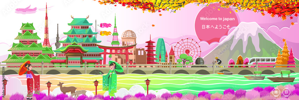 Obraz premium Japan landmark and landscapes. Architecture or building. Japanese girl Kimono dressing national dress. Landmark in Autumn. Posters and postcards for tourism. Translation: Welcome to japan. Vector.