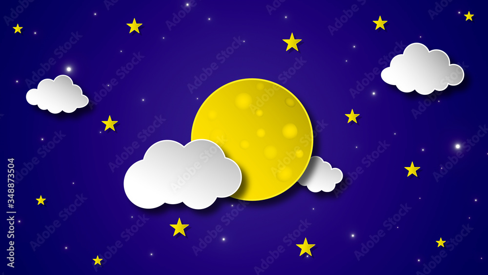 Paper art style Night sky with full moon ,stars and clouds on 3d space background. 3d rendering, 3d illustration. Paper art style Night sky with full moon ,stars and clouds on 3d space background. 3d rendering, 3d illustration.
