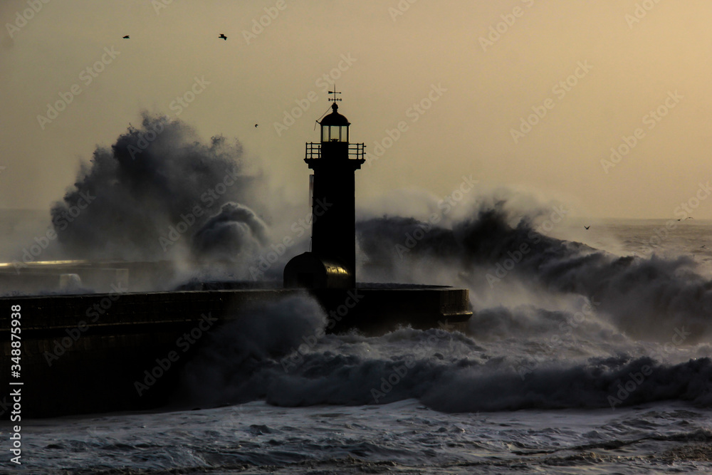 Entry of Douro River harbor on big stormy waves