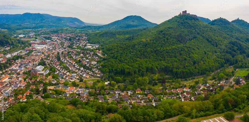  Aerial view of the city Annweiler in Rhineland-Palatinate in spring  on a sunny day