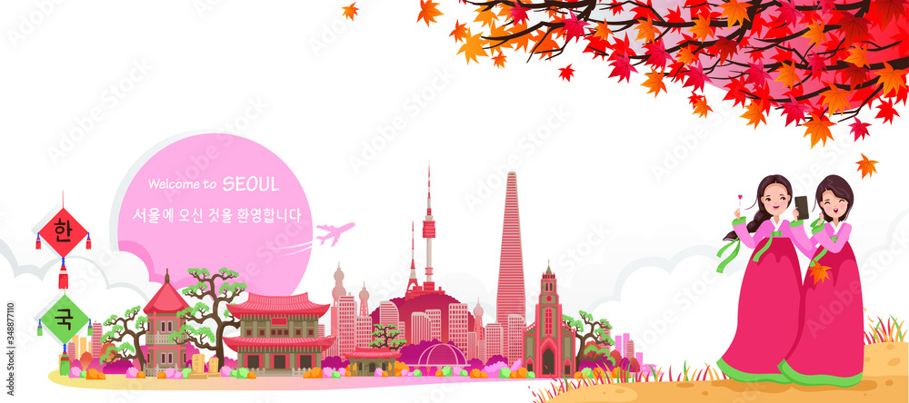 Seoul is travel landmarks of korean. Panoramic landscape autum scenes of buildings, locations. Travelers girl dressed in hanbok. Korean travel poster and postcard. Translation Welcome to seoul.