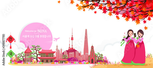 Seoul is travel landmarks of korean. Panoramic landscape autum scenes of buildings, locations. Travelers girl dressed in hanbok. Korean travel poster and postcard. Translation Welcome to seoul.
