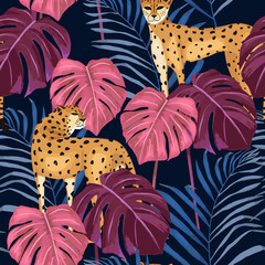 Fotobehang Roze Tropische jungle met cheeta aquarel  © natikka