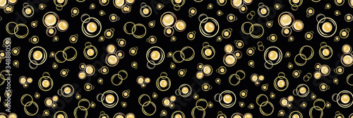 Abstract Champagne bubbles vector border background. Hand drawn fizzy overlapping drops black gold banner. Elegant sparkling horizontal repeat design. For edging, ribbon festive celebration concept