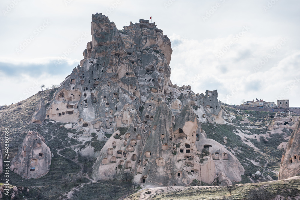 Uchisar castle, the highest peak in the region and the most prominent land formation in Goreme, Cappadocia,Turkey.
